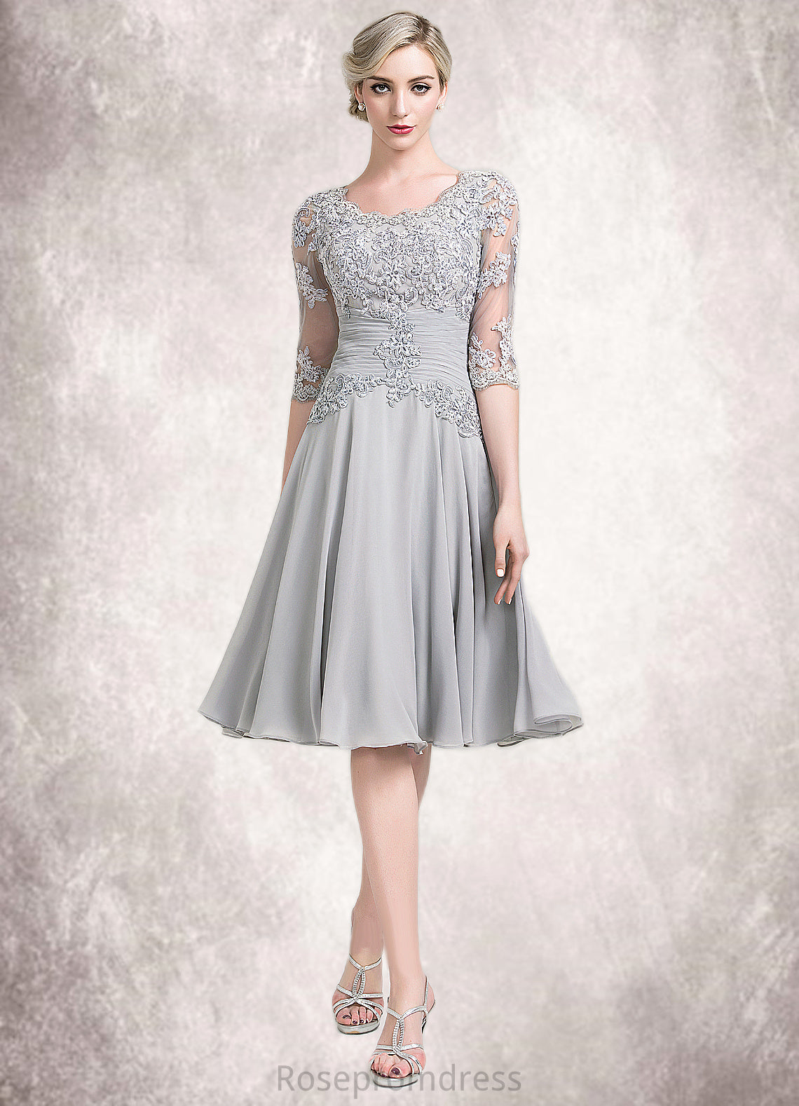 Alia A-Line Scoop Neck Knee-Length Chiffon Mother of the Bride Dress With Ruffle Appliques Lace SRS126P0014715