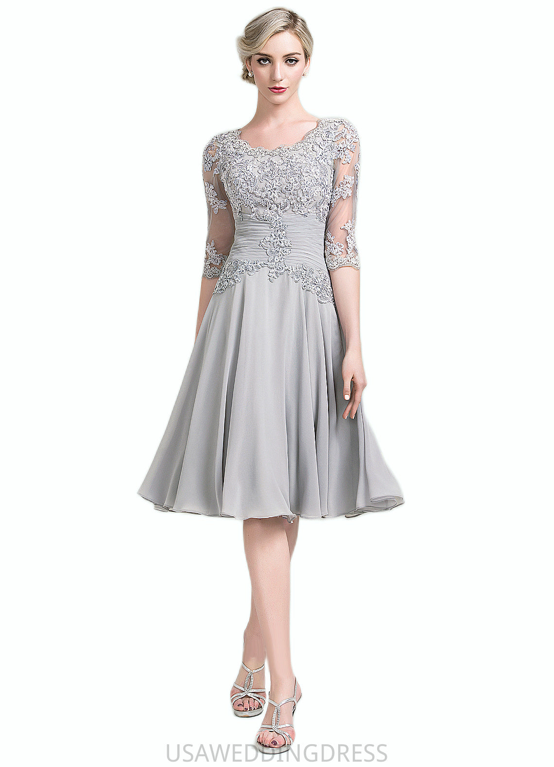 Hazel A-Line Scoop Neck Knee-Length Chiffon Mother of the Bride Dress With Ruffle Appliques Lace DS126P0014715