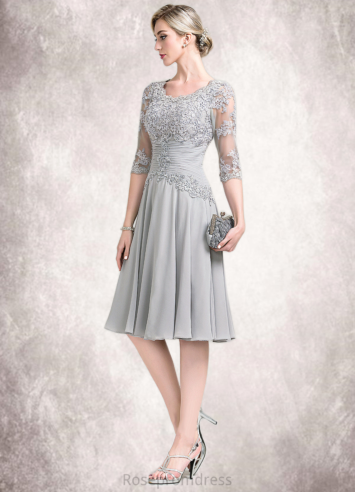 Alia A-Line Scoop Neck Knee-Length Chiffon Mother of the Bride Dress With Ruffle Appliques Lace SRS126P0014715