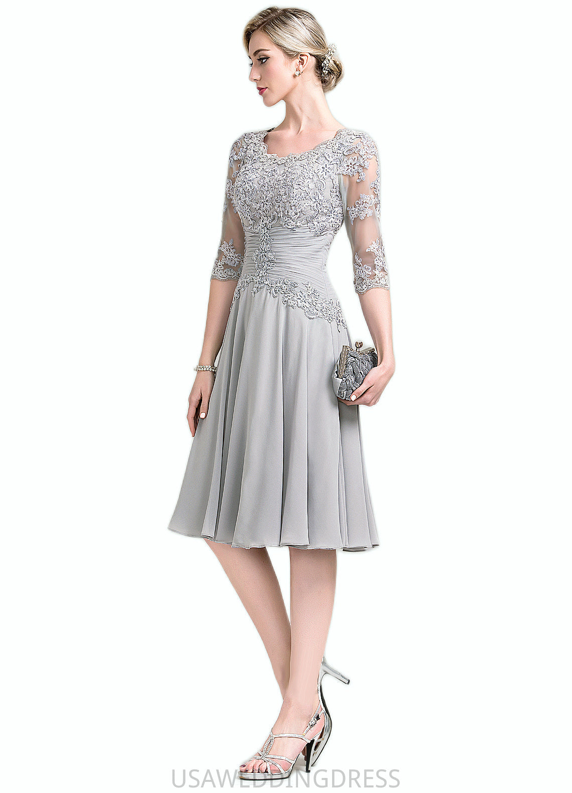 Hazel A-Line Scoop Neck Knee-Length Chiffon Mother of the Bride Dress With Ruffle Appliques Lace DS126P0014715