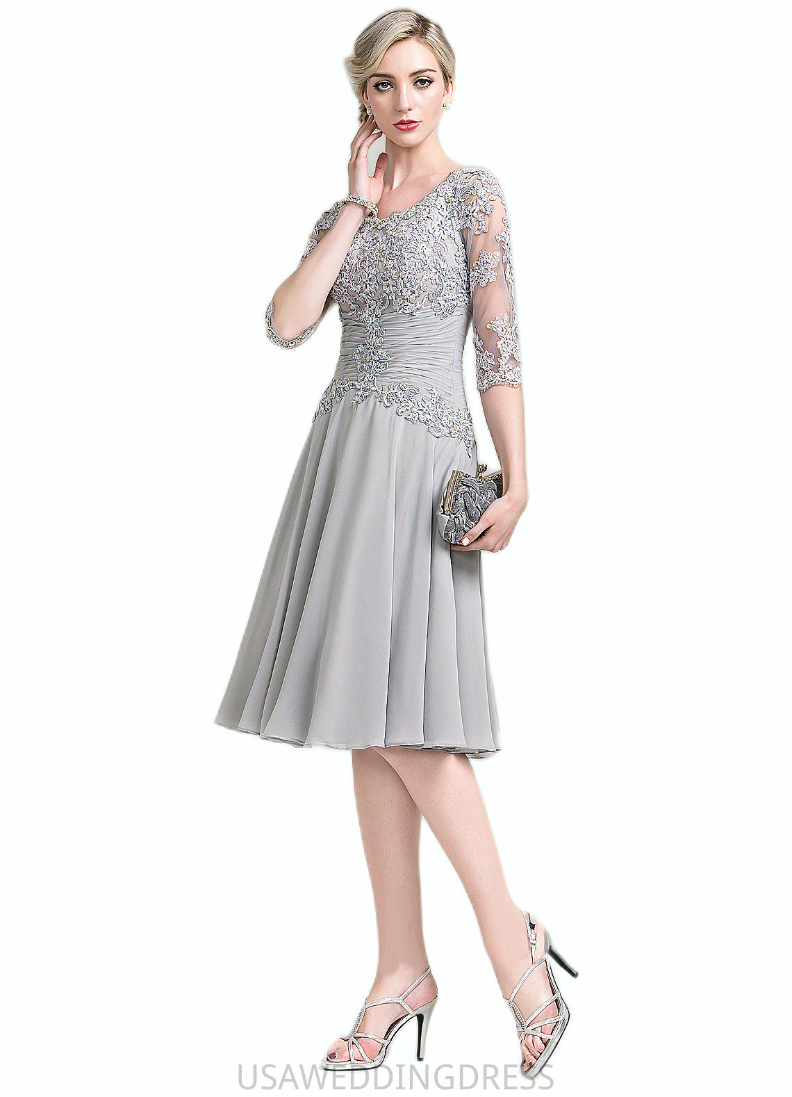 Hazel A-Line Scoop Neck Knee-Length Chiffon Mother of the Bride Dress With Ruffle Appliques Lace DS126P0014715