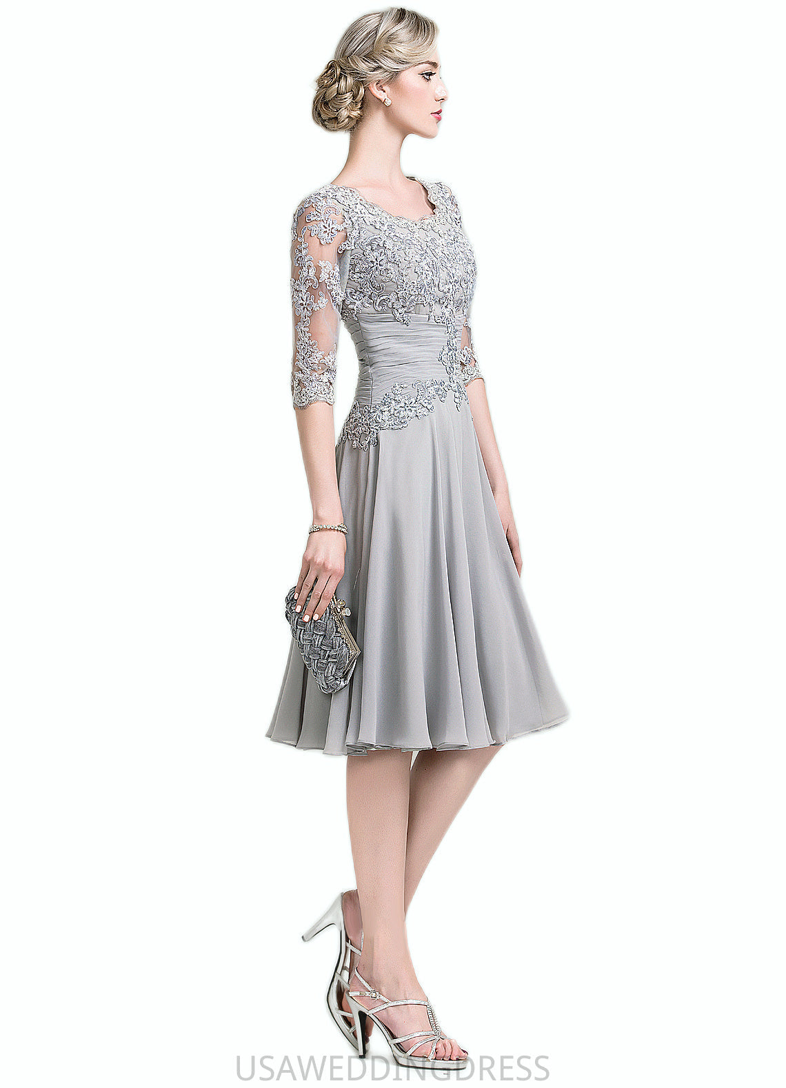 Hazel A-Line Scoop Neck Knee-Length Chiffon Mother of the Bride Dress With Ruffle Appliques Lace DS126P0014715