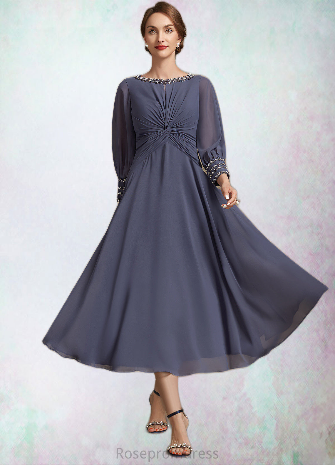 Shyann A-Line Scoop Neck Tea-Length Chiffon Mother of the Bride Dress With Ruffle Beading SRS126P0014718