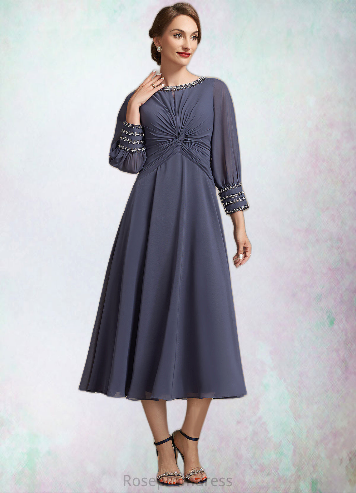 Shyann A-Line Scoop Neck Tea-Length Chiffon Mother of the Bride Dress With Ruffle Beading SRS126P0014718