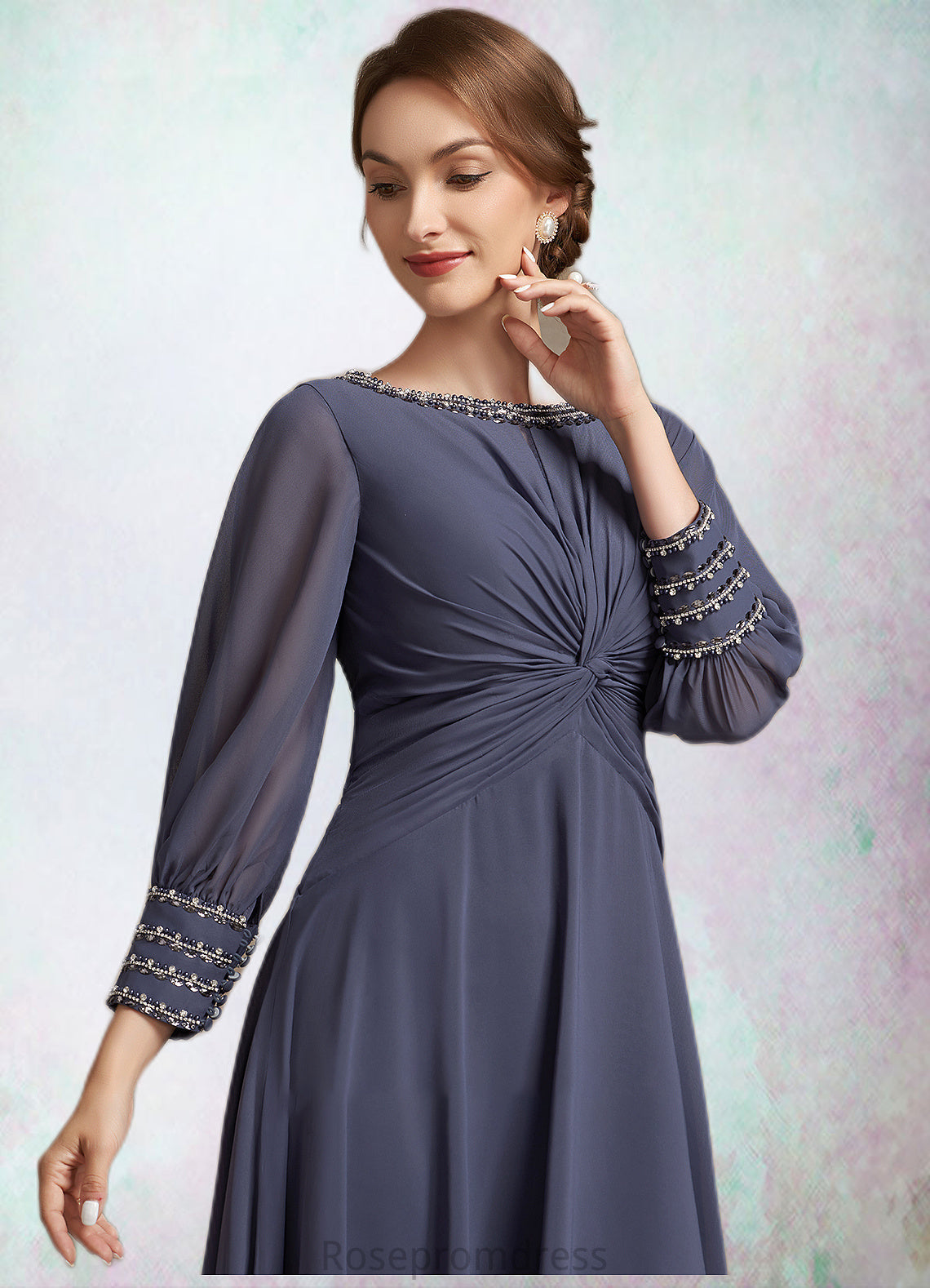 Shyann A-Line Scoop Neck Tea-Length Chiffon Mother of the Bride Dress With Ruffle Beading SRS126P0014718