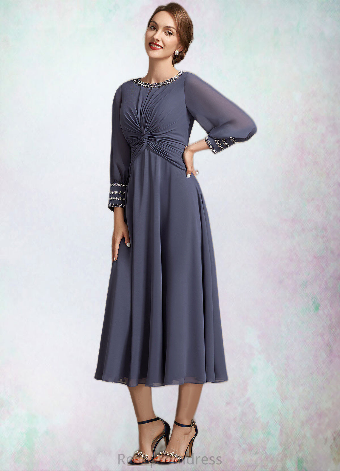 Shyann A-Line Scoop Neck Tea-Length Chiffon Mother of the Bride Dress With Ruffle Beading SRS126P0014718