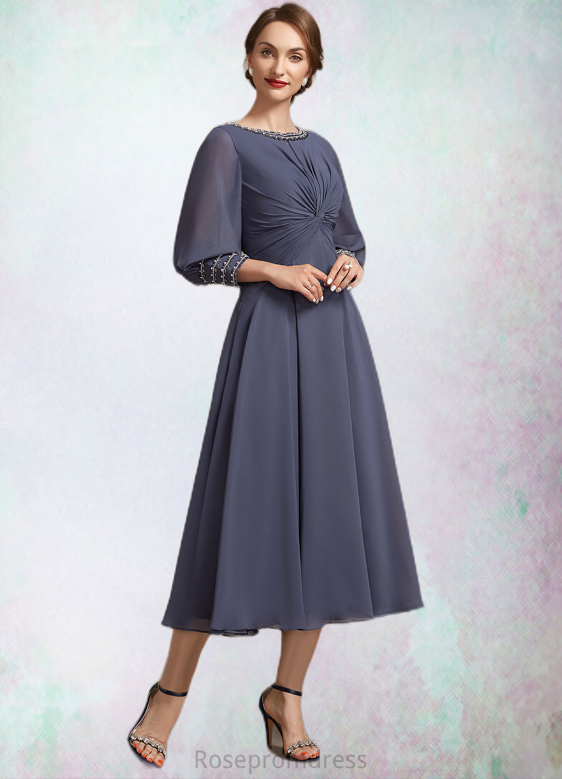 Shyann A-Line Scoop Neck Tea-Length Chiffon Mother of the Bride Dress With Ruffle Beading SRS126P0014718