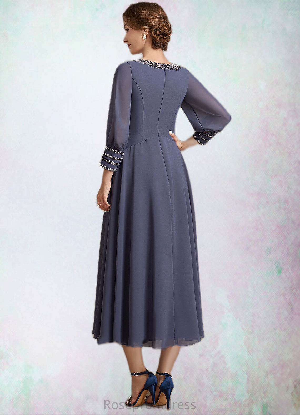 Shyann A-Line Scoop Neck Tea-Length Chiffon Mother of the Bride Dress With Ruffle Beading SRS126P0014718