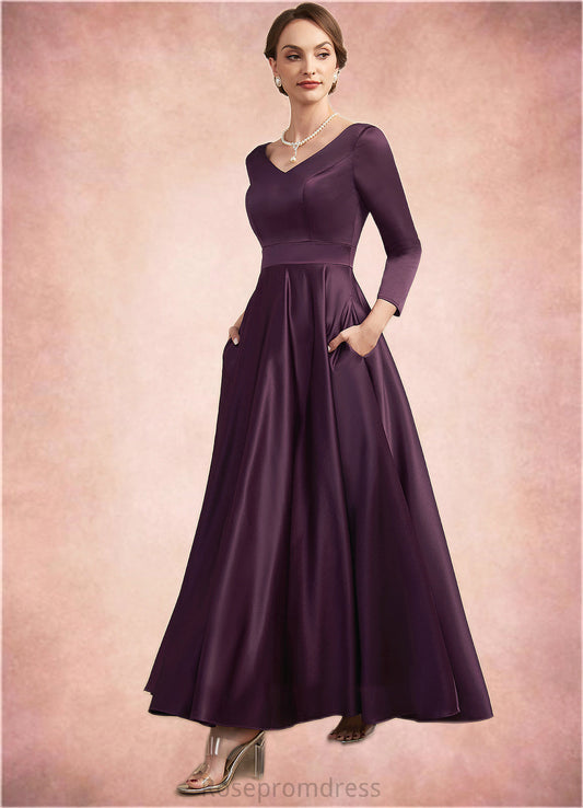 Abbie A-Line V-neck Ankle-Length Satin Mother of the Bride Dress With Pockets SRS126P0014720