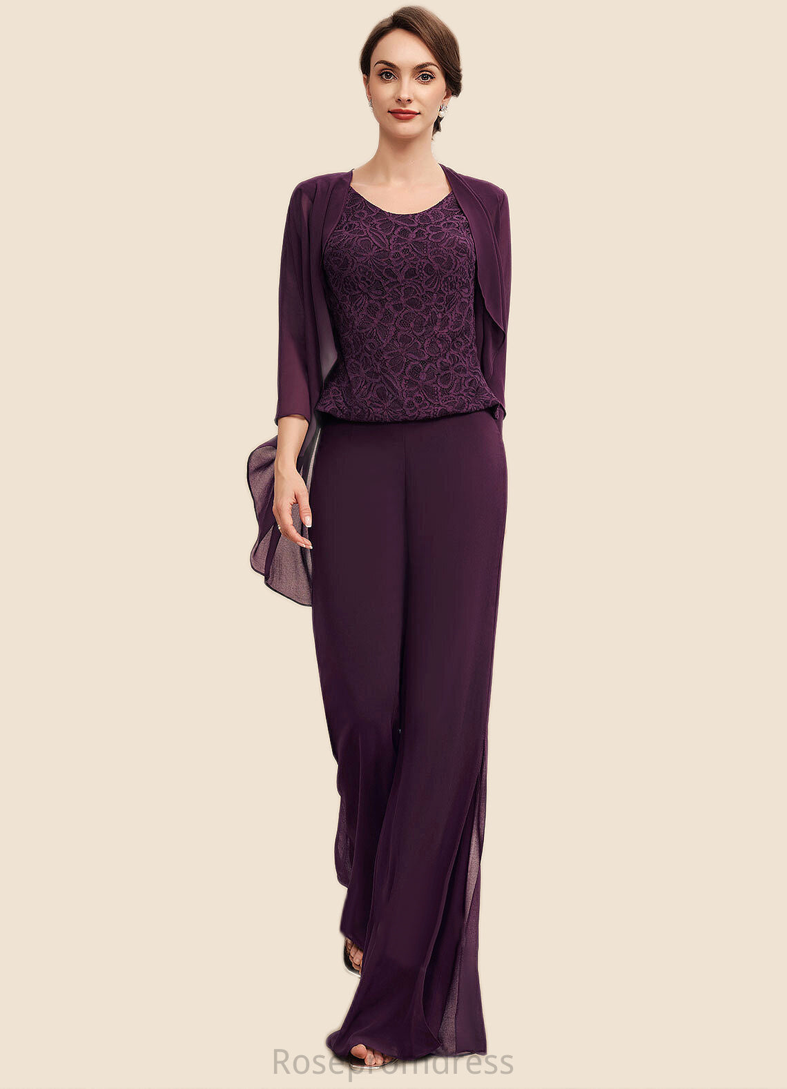 Kennedy Jumpsuit/Pantsuit Scoop Neck Floor-Length Chiffon Lace Mother of the Bride Dress SRS126P0014722