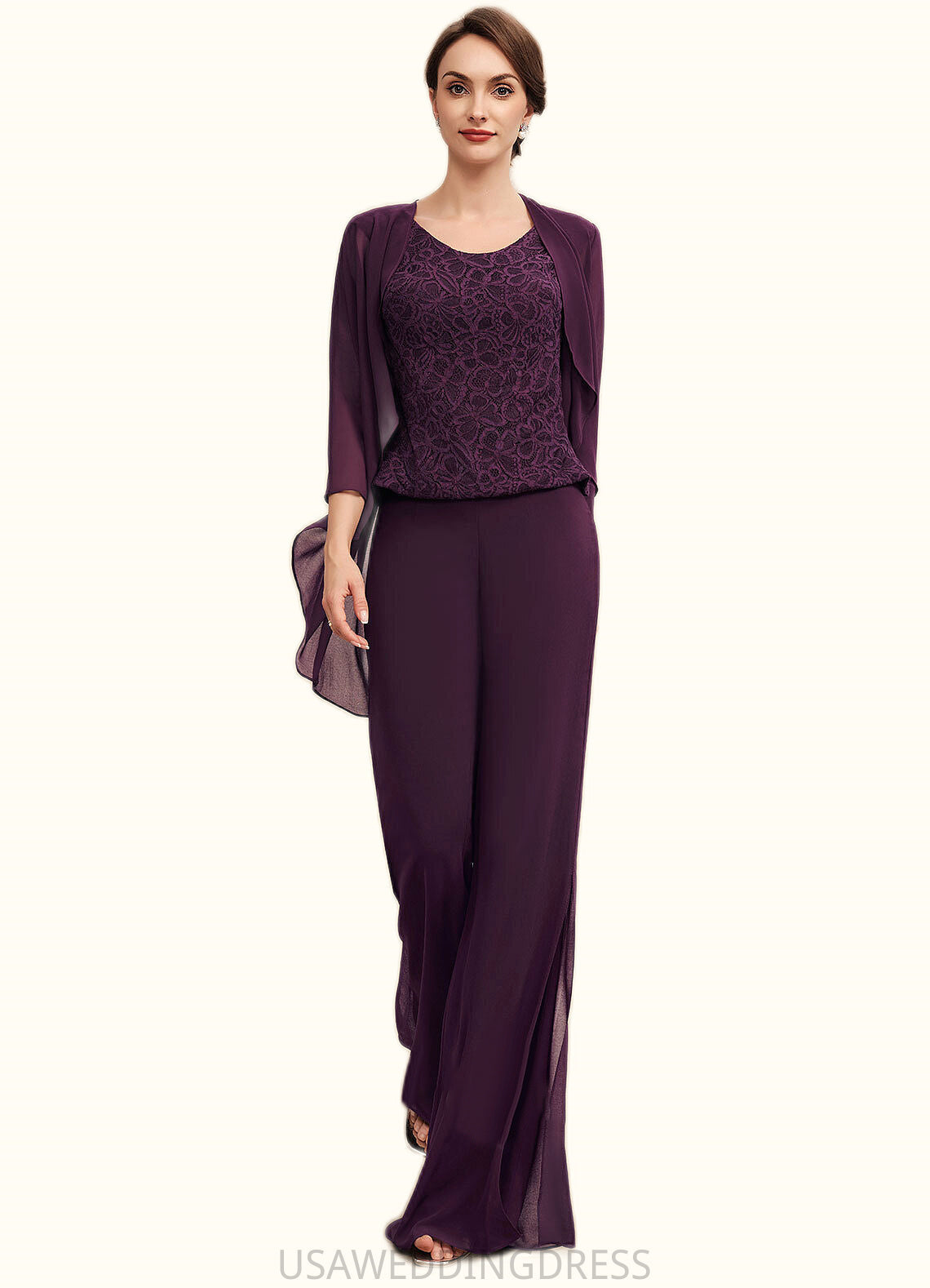 Brisa Jumpsuit/Pantsuit Scoop Neck Floor-Length Chiffon Lace Mother of the Bride Dress DS126P0014722