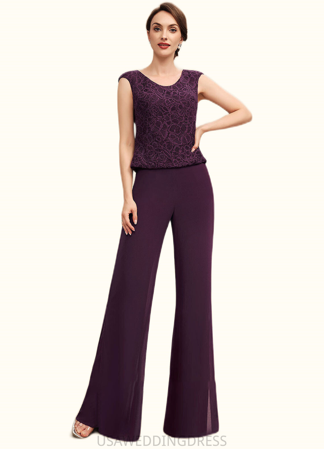 Brisa Jumpsuit/Pantsuit Scoop Neck Floor-Length Chiffon Lace Mother of the Bride Dress DS126P0014722