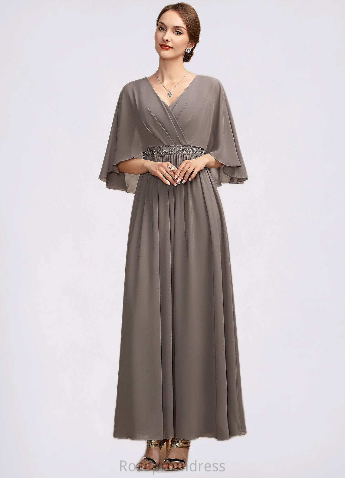 Emerson A-Line V-neck Ankle-Length Chiffon Mother of the Bride Dress With Ruffle Beading SRS126P0014723