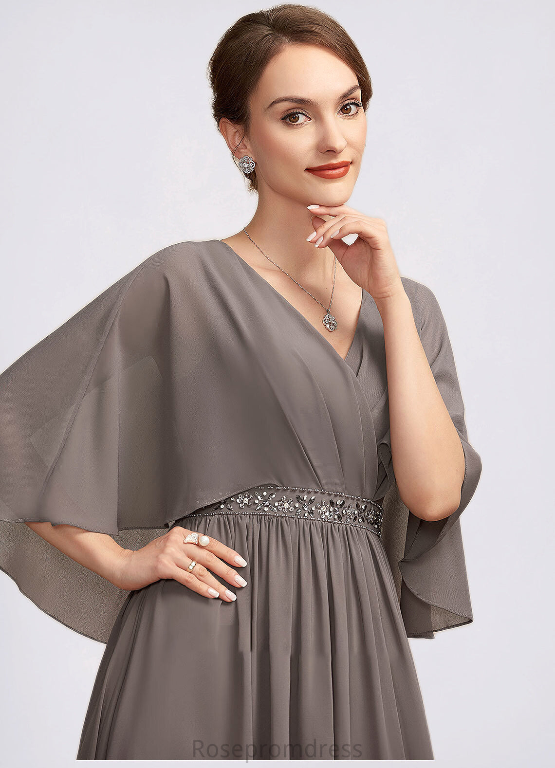 Emerson A-Line V-neck Ankle-Length Chiffon Mother of the Bride Dress With Ruffle Beading SRS126P0014723