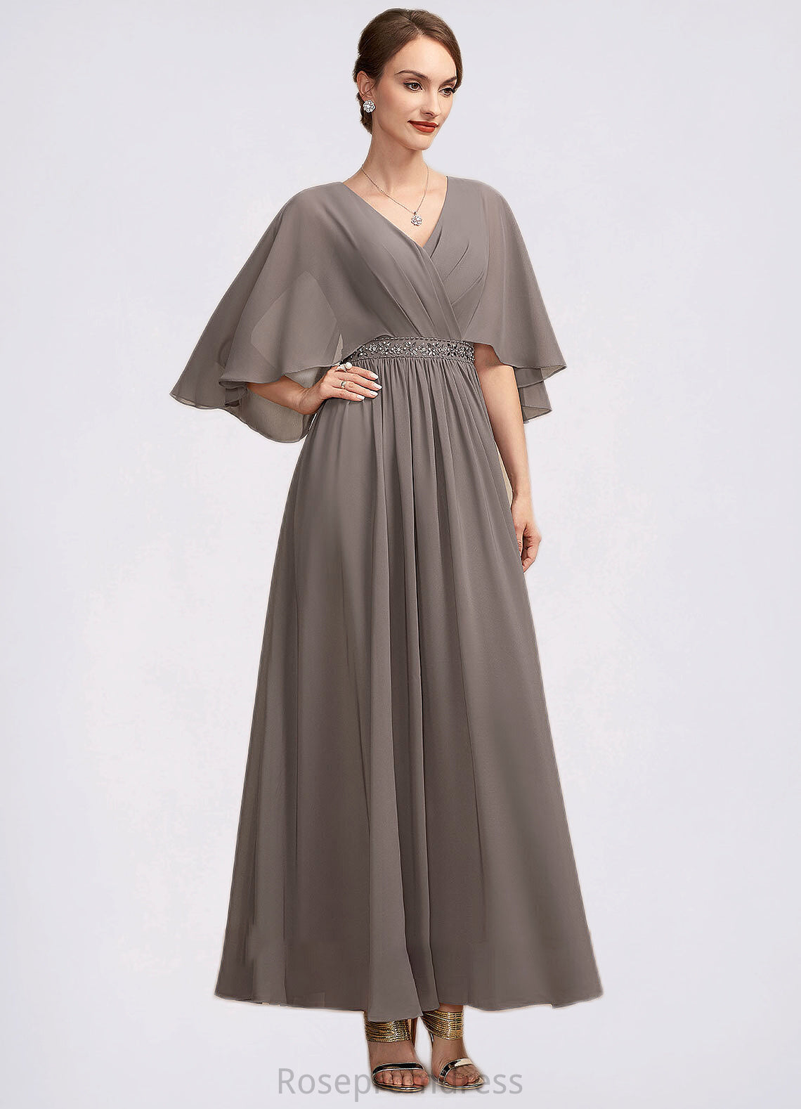 Emerson A-Line V-neck Ankle-Length Chiffon Mother of the Bride Dress With Ruffle Beading SRS126P0014723