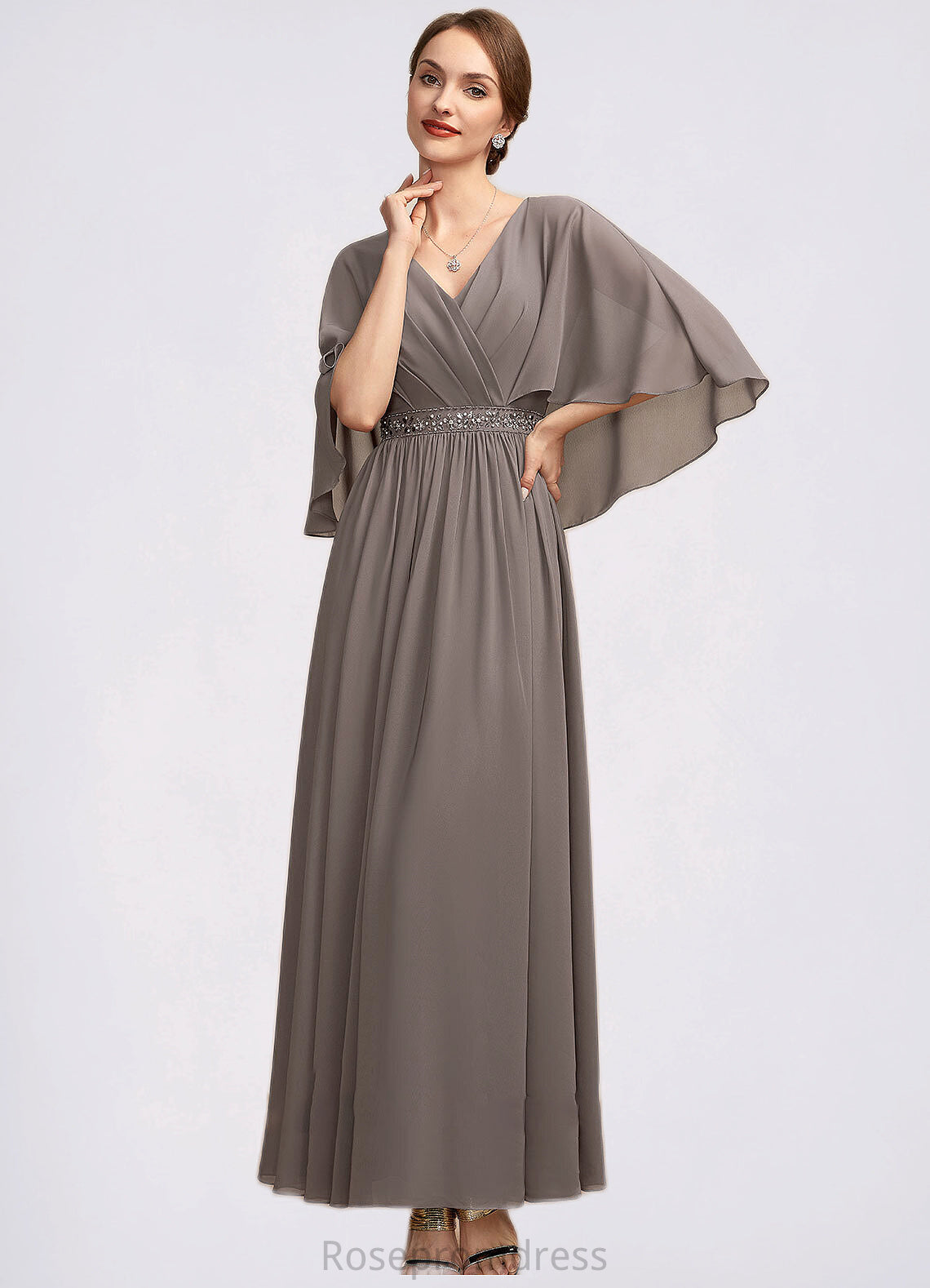 Emerson A-Line V-neck Ankle-Length Chiffon Mother of the Bride Dress With Ruffle Beading SRS126P0014723