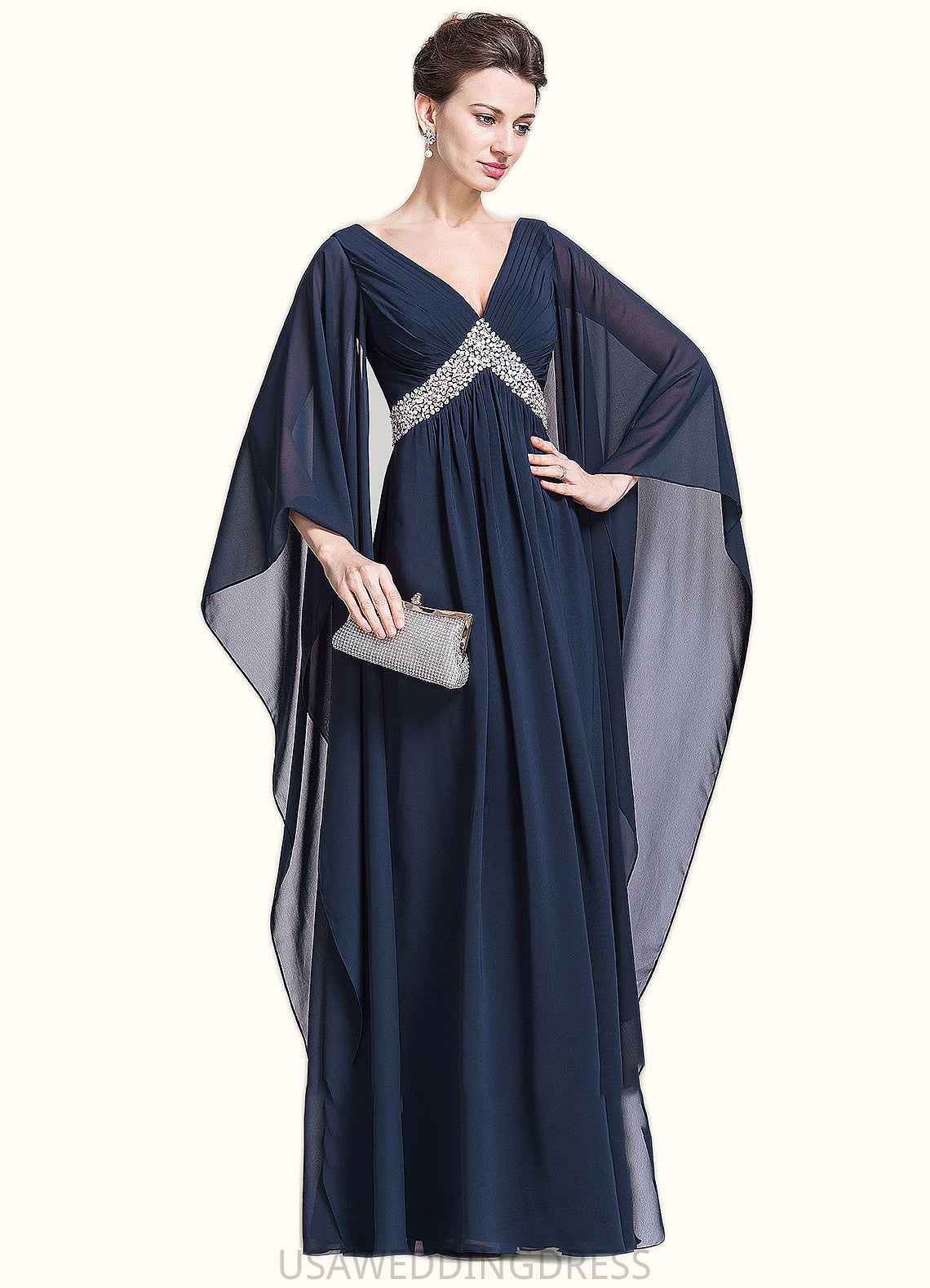 Taniya Empire V-neck Floor-Length Chiffon Mother of the Bride Dress With Ruffle Beading Sequins DS126P0014724