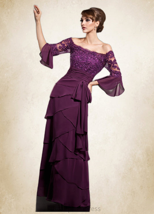 Elvira A-Line Off-the-Shoulder Floor-Length Chiffon Mother of the Bride Dress With Lace Beading Sequins Bow(s) Cascading Ruffles SRS126P0014726