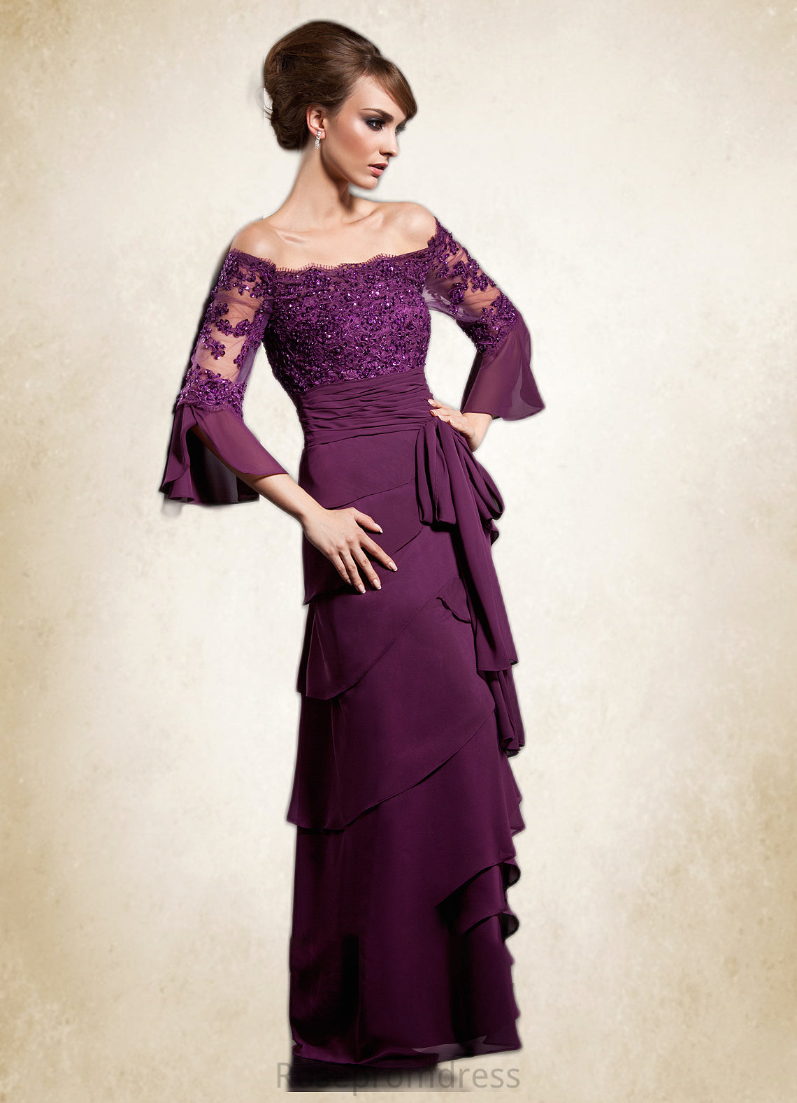 Elvira A-Line Off-the-Shoulder Floor-Length Chiffon Mother of the Bride Dress With Lace Beading Sequins Bow(s) Cascading Ruffles SRS126P0014726