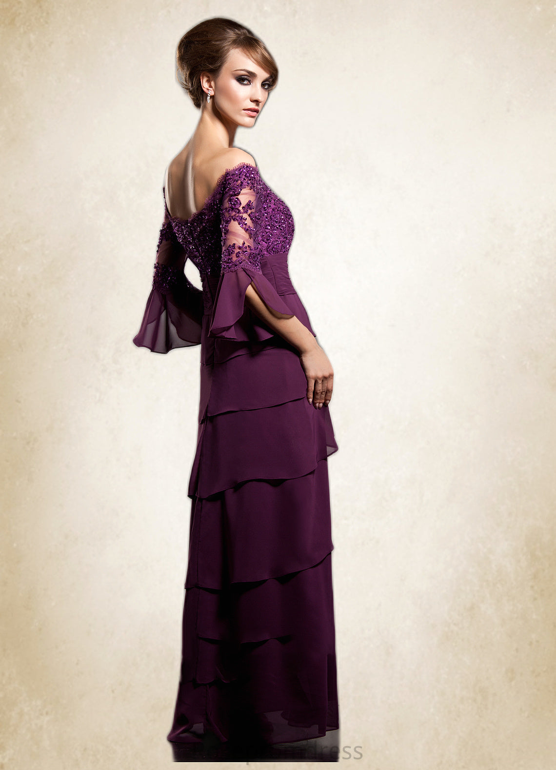 Elvira A-Line Off-the-Shoulder Floor-Length Chiffon Mother of the Bride Dress With Lace Beading Sequins Bow(s) Cascading Ruffles SRS126P0014726