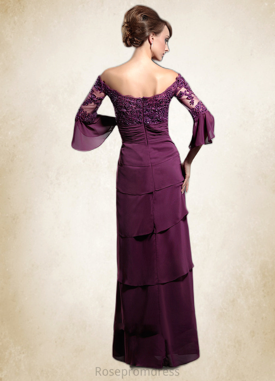 Elvira A-Line Off-the-Shoulder Floor-Length Chiffon Mother of the Bride Dress With Lace Beading Sequins Bow(s) Cascading Ruffles SRS126P0014726