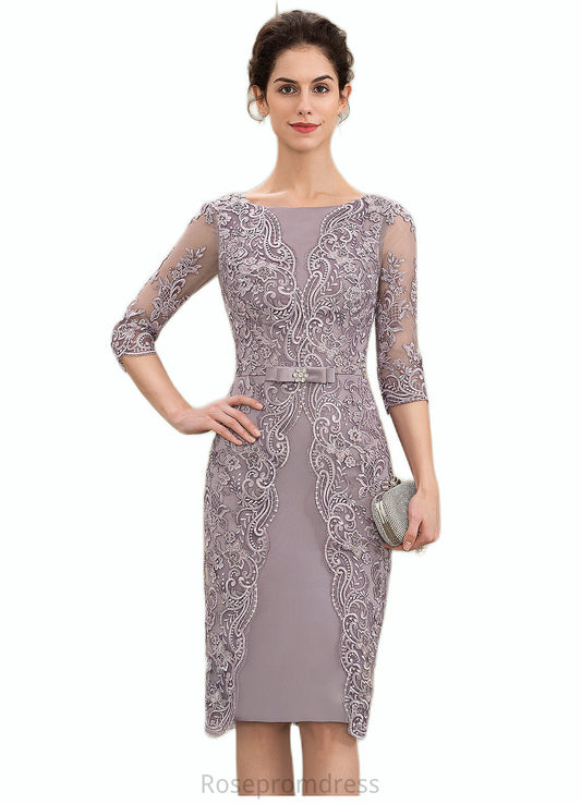 Kailyn Sheath/Column Scoop Neck Knee-Length Satin Lace Mother of the Bride Dress With Beading Bow(s) SRS126P0014727