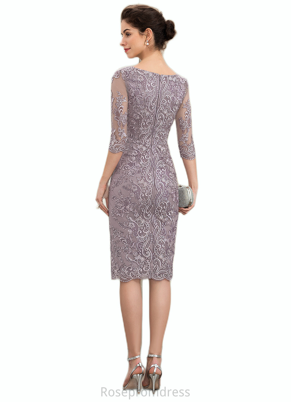 Kailyn Sheath/Column Scoop Neck Knee-Length Satin Lace Mother of the Bride Dress With Beading Bow(s) SRS126P0014727
