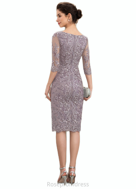 Kailyn Sheath/Column Scoop Neck Knee-Length Satin Lace Mother of the Bride Dress With Beading Bow(s) SRS126P0014727