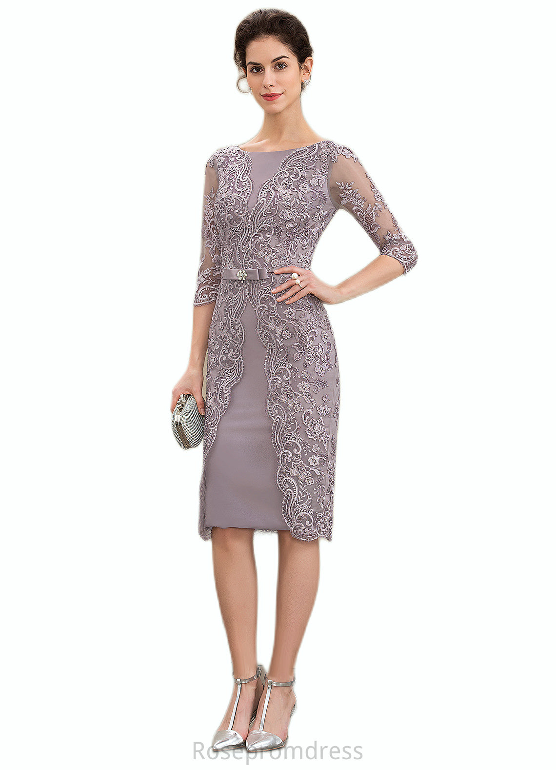 Kailyn Sheath/Column Scoop Neck Knee-Length Satin Lace Mother of the Bride Dress With Beading Bow(s) SRS126P0014727