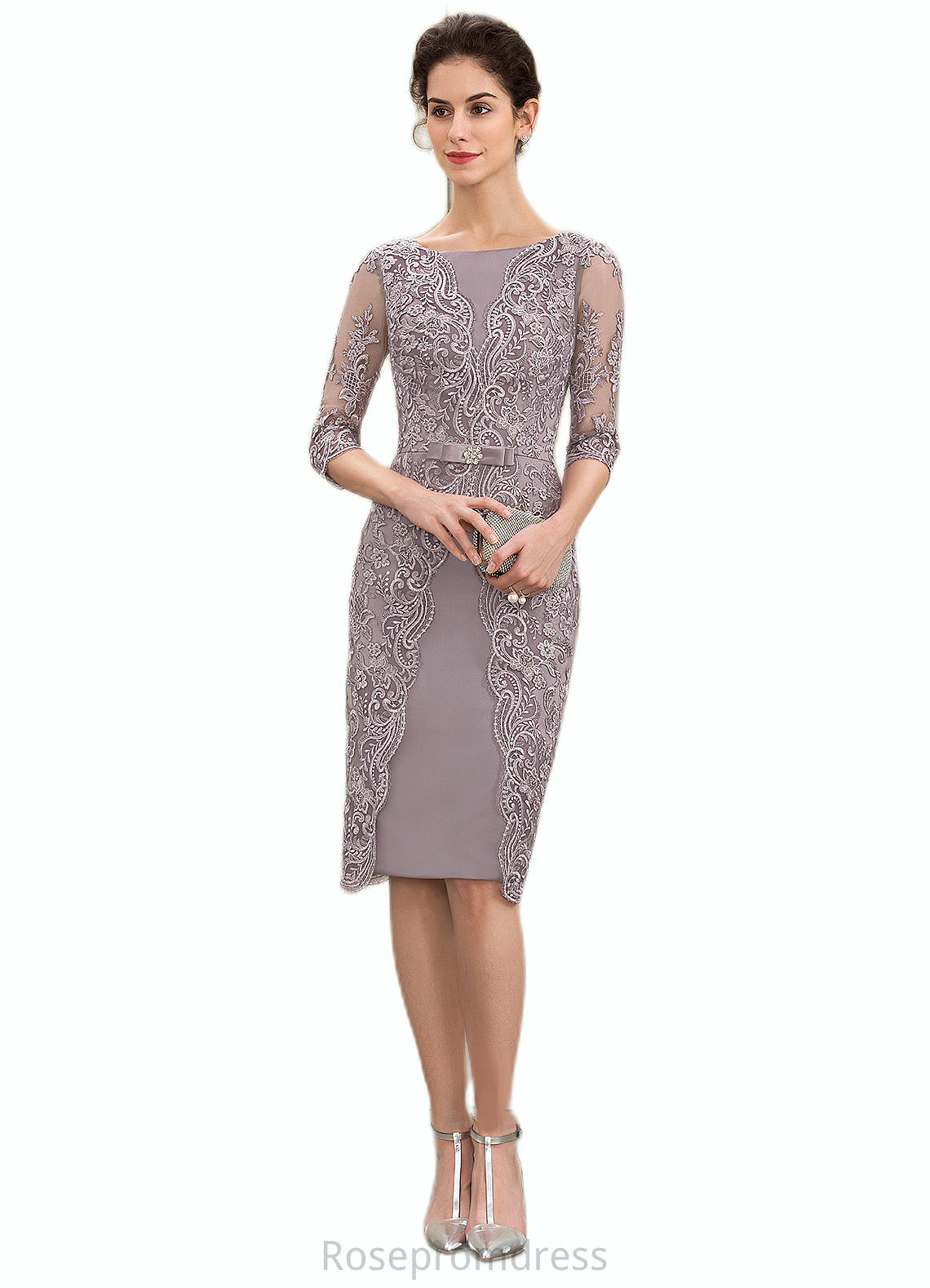 Kailyn Sheath/Column Scoop Neck Knee-Length Satin Lace Mother of the Bride Dress With Beading Bow(s) SRS126P0014727
