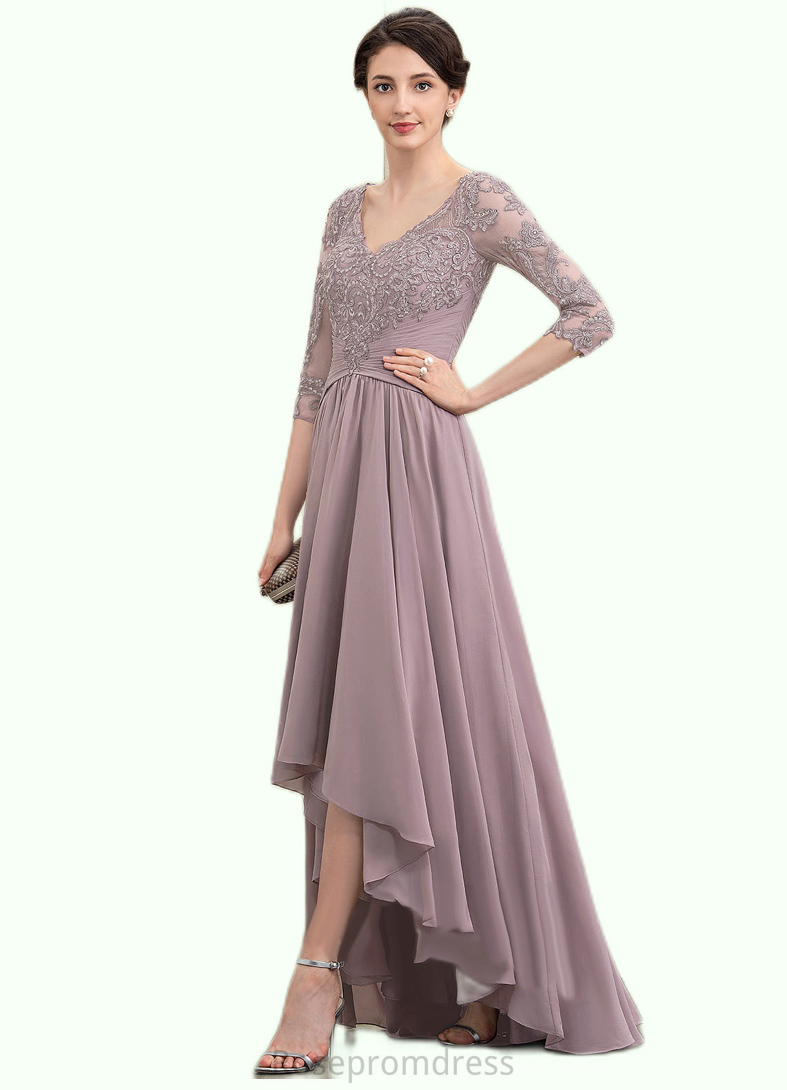 Teagan A-Line V-neck Asymmetrical Chiffon Lace Mother of the Bride Dress With Sequins SRS126P0014728