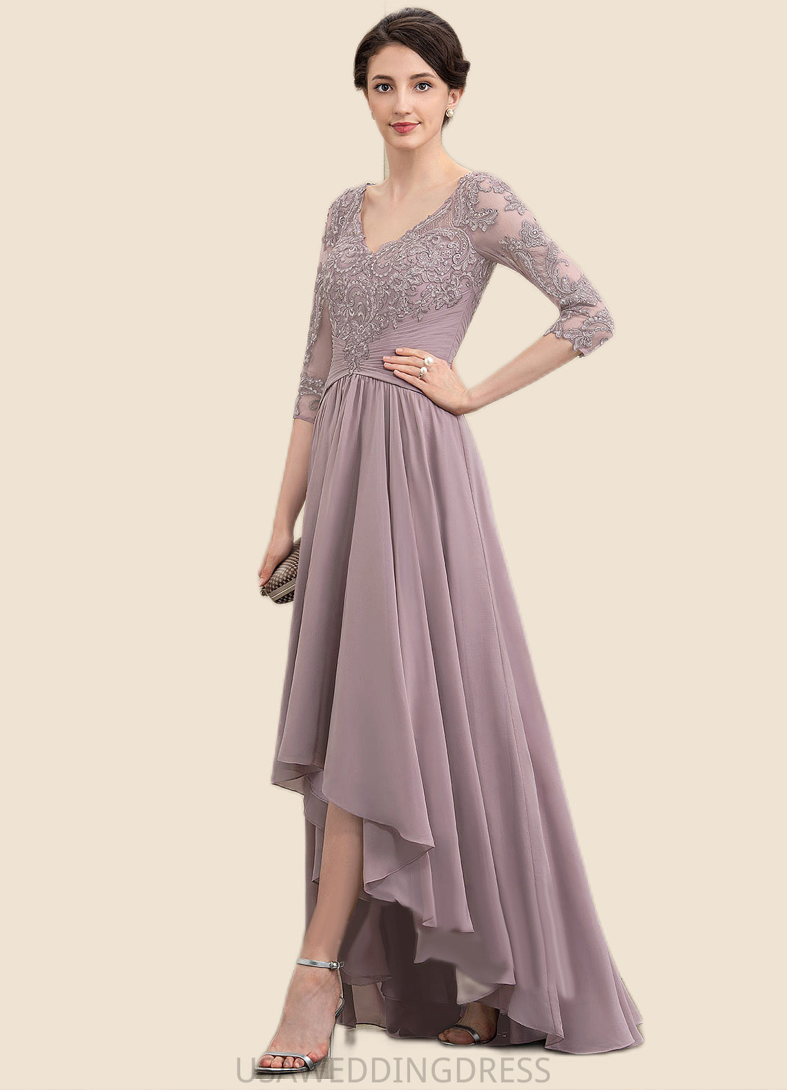 Arielle A-Line V-neck Asymmetrical Chiffon Lace Mother of the Bride Dress With Sequins DS126P0014728