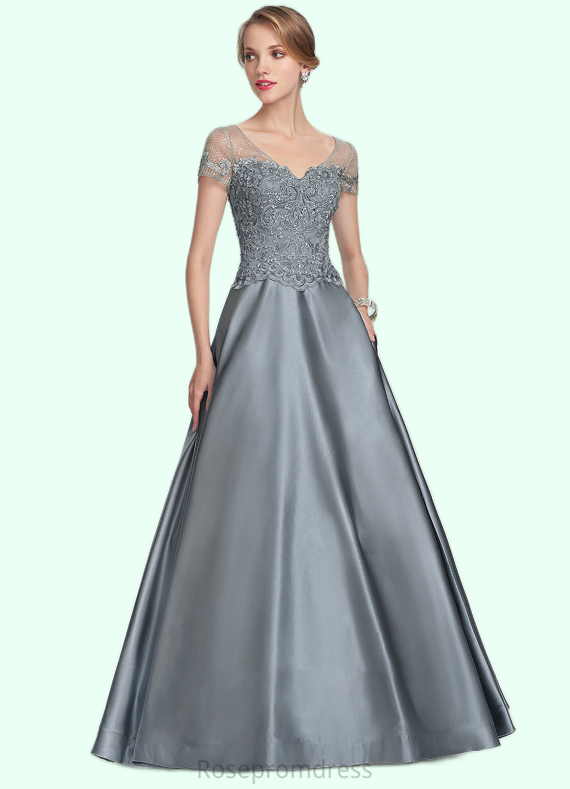 Valerie A-Line V-neck Floor-Length Satin Lace Mother of the Bride Dress With Beading Sequins SRS126P0014730