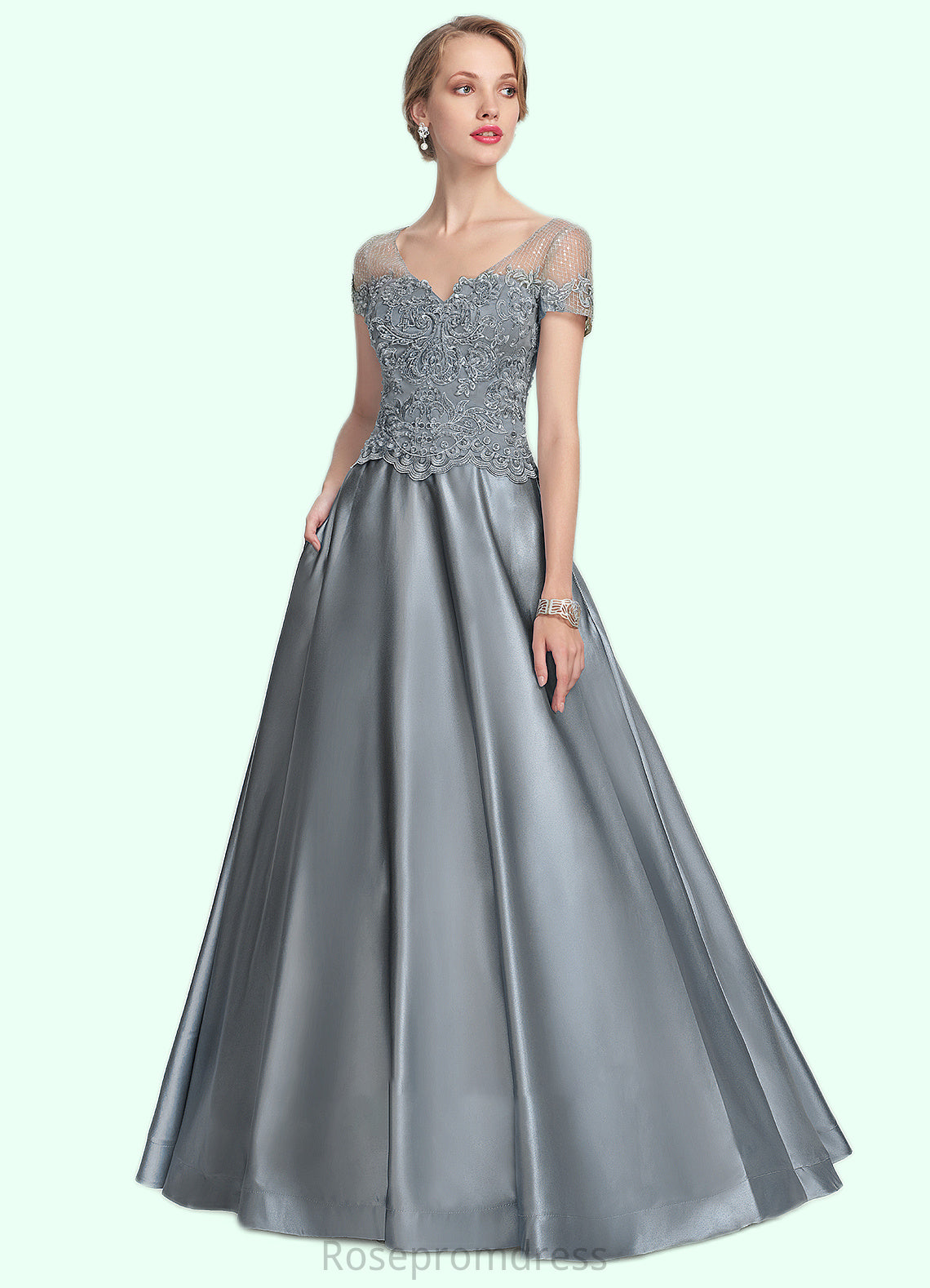 Valerie A-Line V-neck Floor-Length Satin Lace Mother of the Bride Dress With Beading Sequins SRS126P0014730