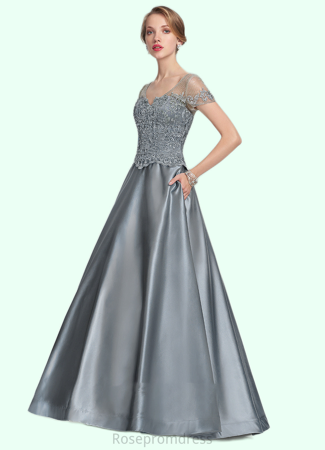 Valerie A-Line V-neck Floor-Length Satin Lace Mother of the Bride Dress With Beading Sequins SRS126P0014730
