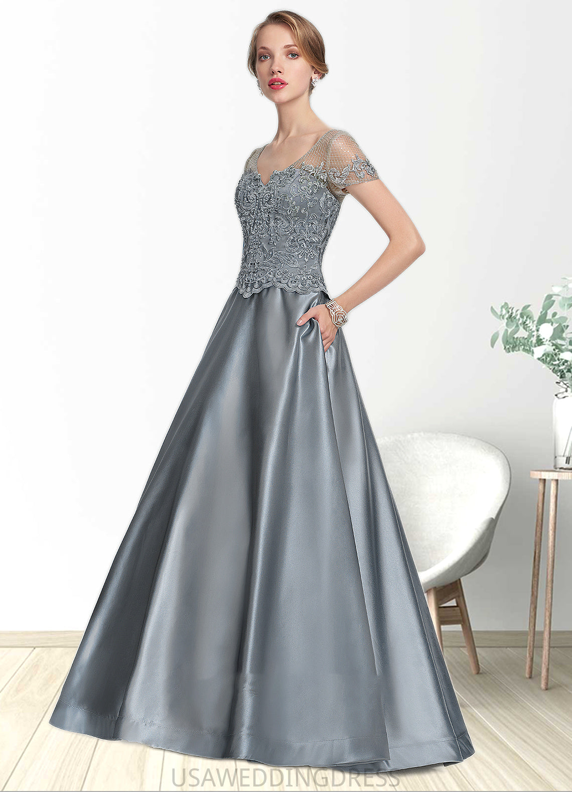 Haven A-Line V-neck Floor-Length Satin Lace Mother of the Bride Dress With Beading Sequins DS126P0014730