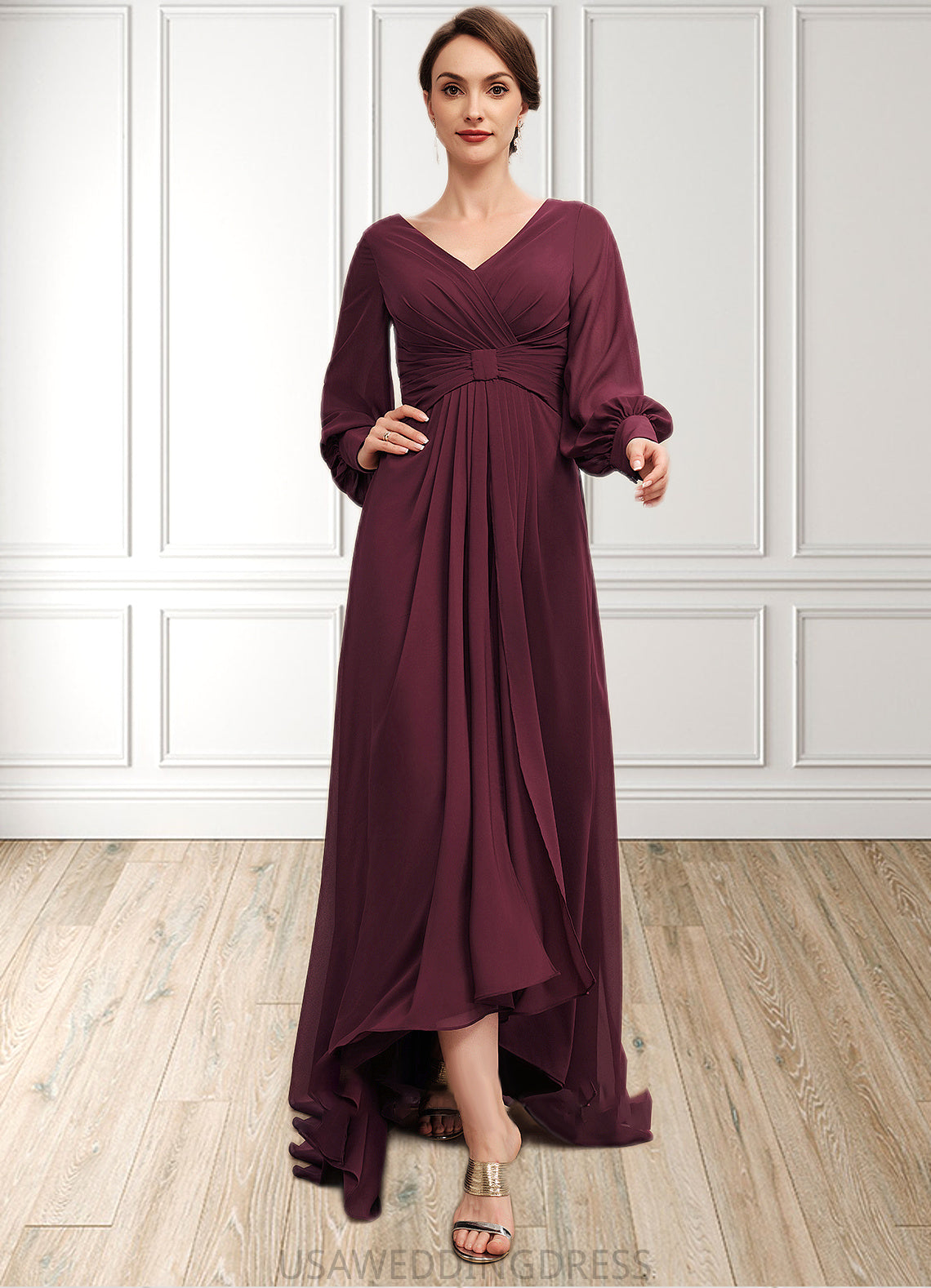 Eleanor A-Line V-neck Asymmetrical Chiffon Mother of the Bride Dress With Ruffle DS126P0014732