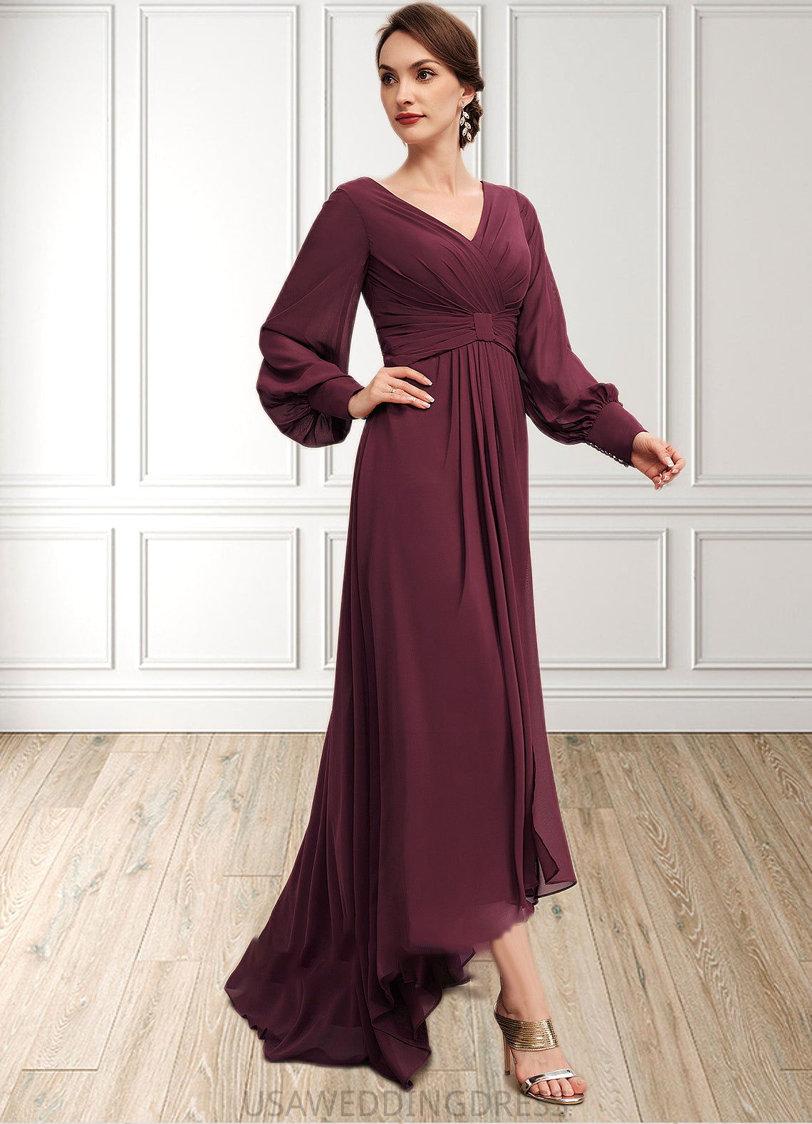 Eleanor A-Line V-neck Asymmetrical Chiffon Mother of the Bride Dress With Ruffle DS126P0014732