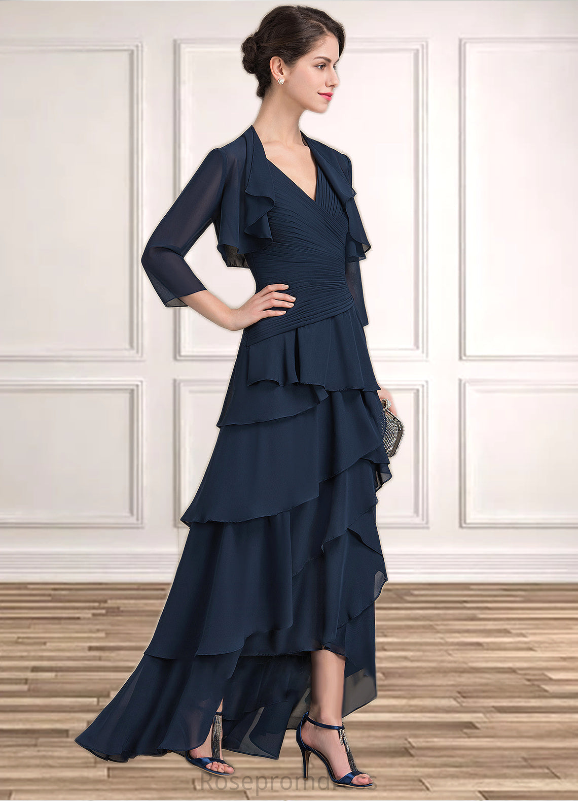 Lindsey A-Line V-neck Asymmetrical Chiffon Mother of the Bride Dress With Beading Sequins Cascading Ruffles SRS126P0014733