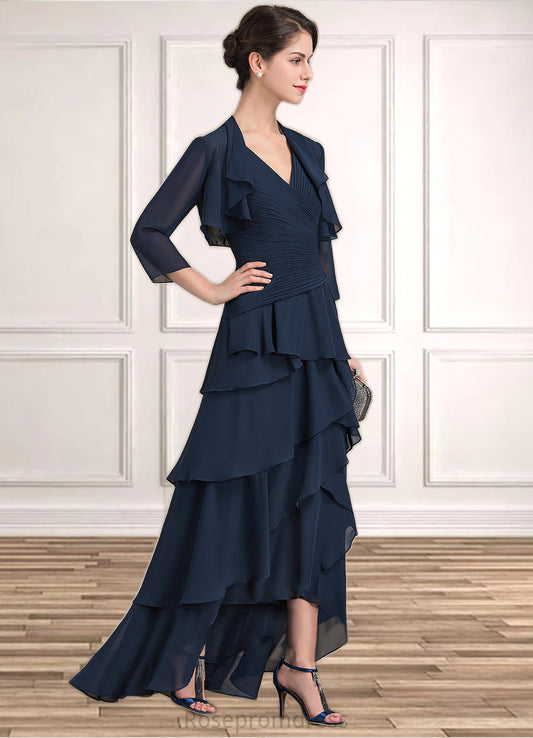 Lindsey A-Line V-neck Asymmetrical Chiffon Mother of the Bride Dress With Beading Sequins Cascading Ruffles SRS126P0014733