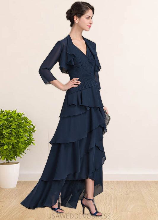 London A-Line V-neck Asymmetrical Chiffon Mother of the Bride Dress With Beading Sequins Cascading Ruffles DS126P0014733