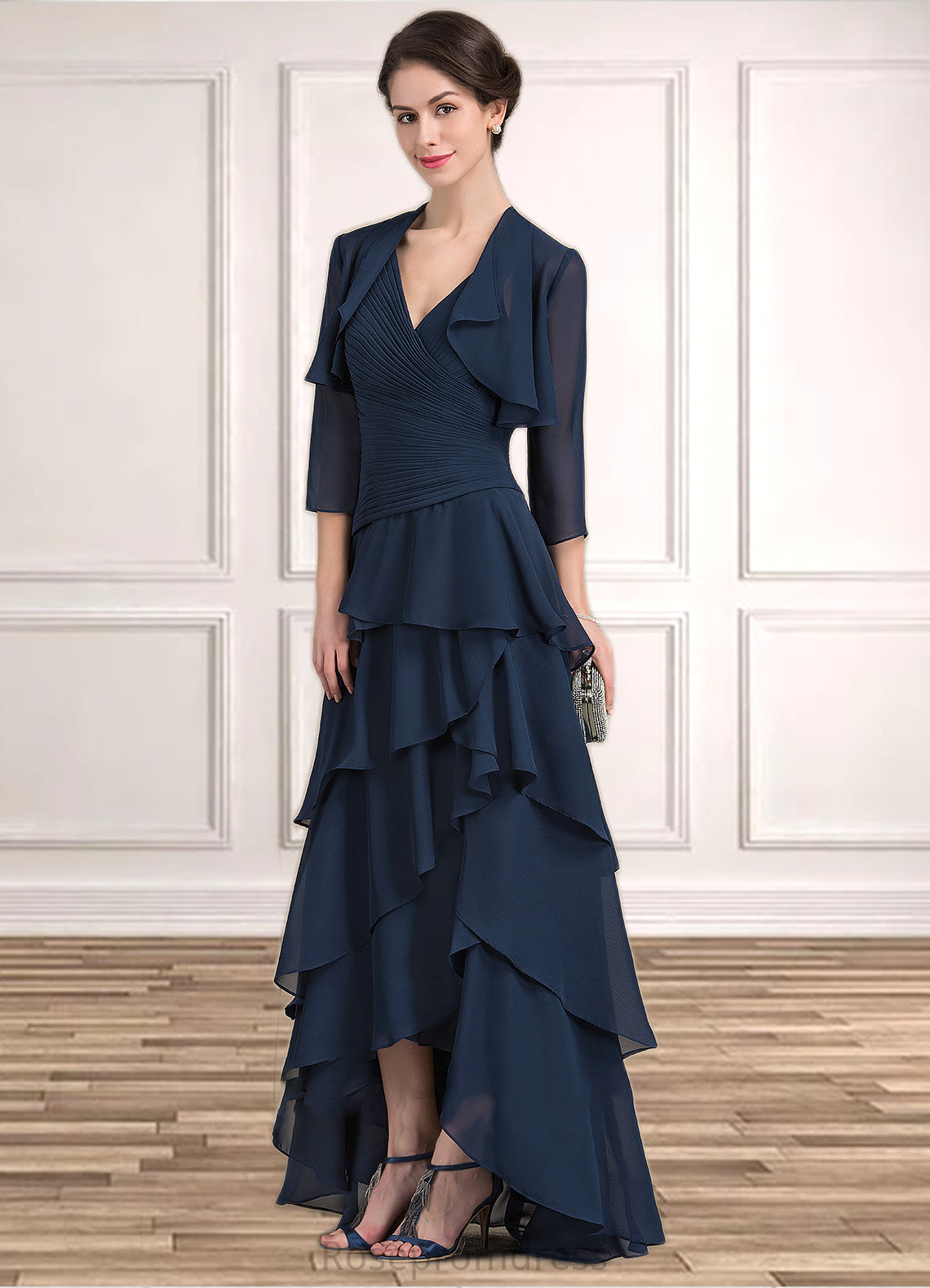 Lindsey A-Line V-neck Asymmetrical Chiffon Mother of the Bride Dress With Beading Sequins Cascading Ruffles SRS126P0014733