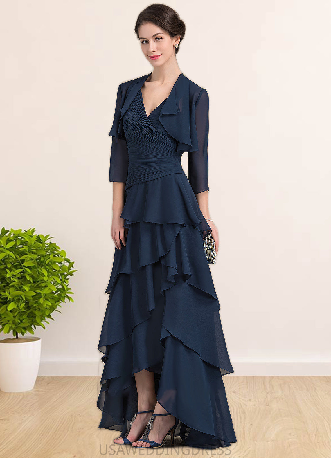 London A-Line V-neck Asymmetrical Chiffon Mother of the Bride Dress With Beading Sequins Cascading Ruffles DS126P0014733