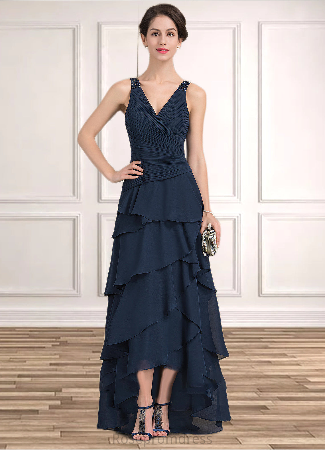Lindsey A-Line V-neck Asymmetrical Chiffon Mother of the Bride Dress With Beading Sequins Cascading Ruffles SRS126P0014733