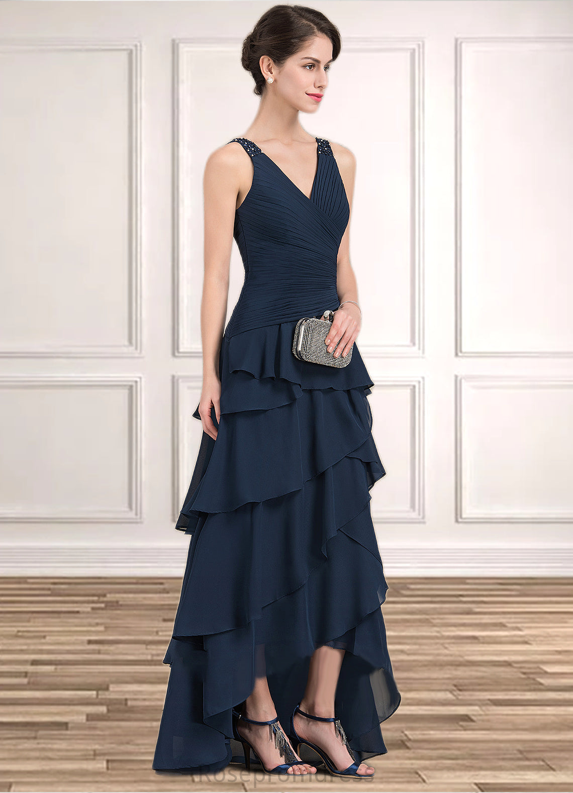 Lindsey A-Line V-neck Asymmetrical Chiffon Mother of the Bride Dress With Beading Sequins Cascading Ruffles SRS126P0014733
