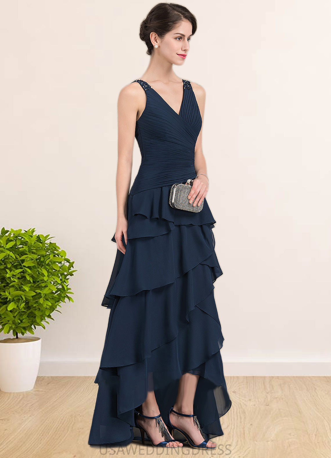 London A-Line V-neck Asymmetrical Chiffon Mother of the Bride Dress With Beading Sequins Cascading Ruffles DS126P0014733