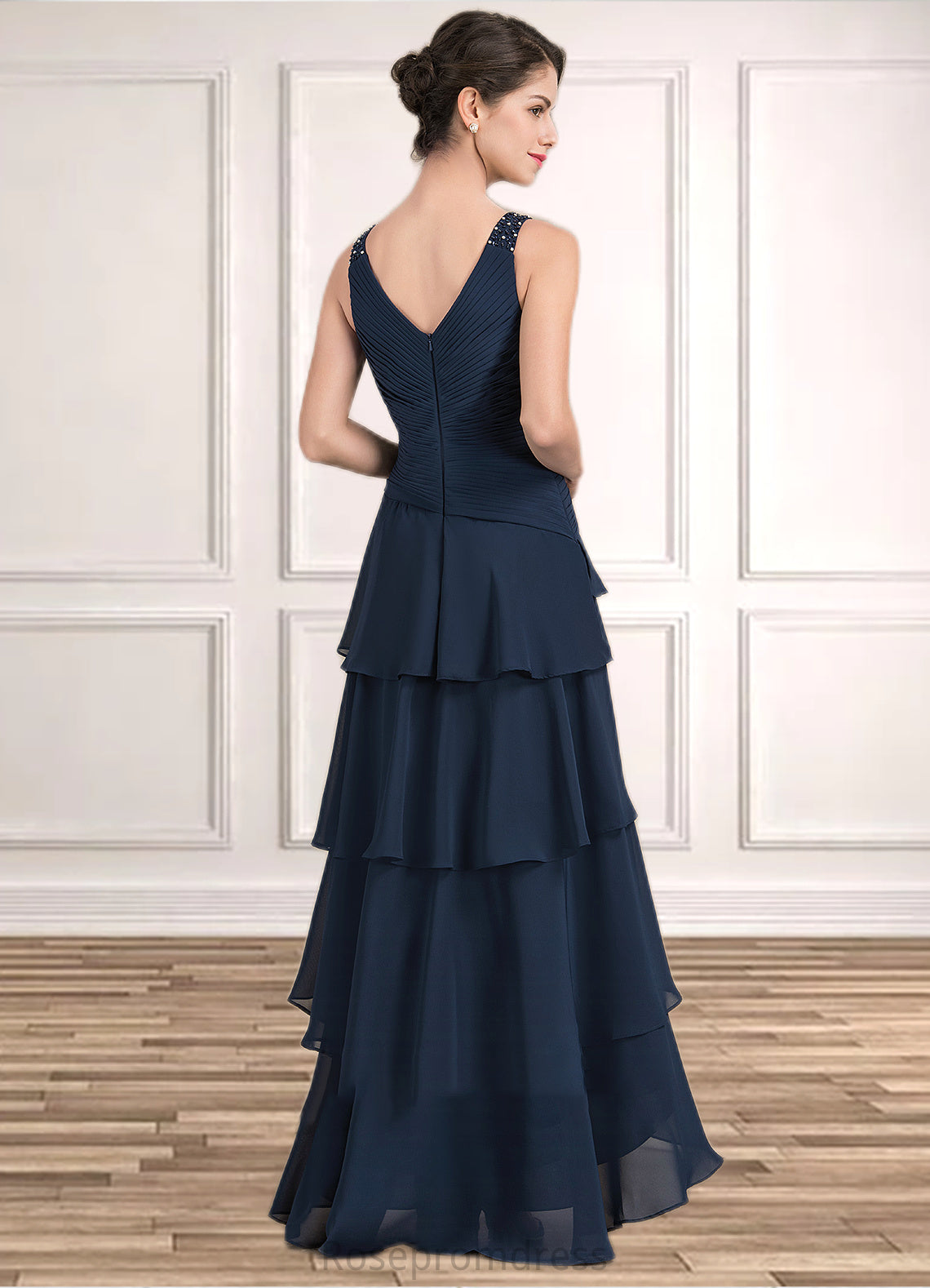 Lindsey A-Line V-neck Asymmetrical Chiffon Mother of the Bride Dress With Beading Sequins Cascading Ruffles SRS126P0014733