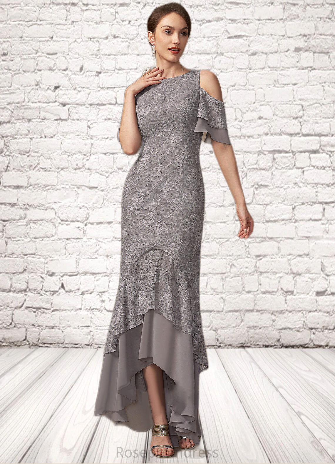 Amina Trumpet/Mermaid Scoop Neck Asymmetrical Chiffon Lace Mother of the Bride Dress With Cascading Ruffles SRS126P0014734