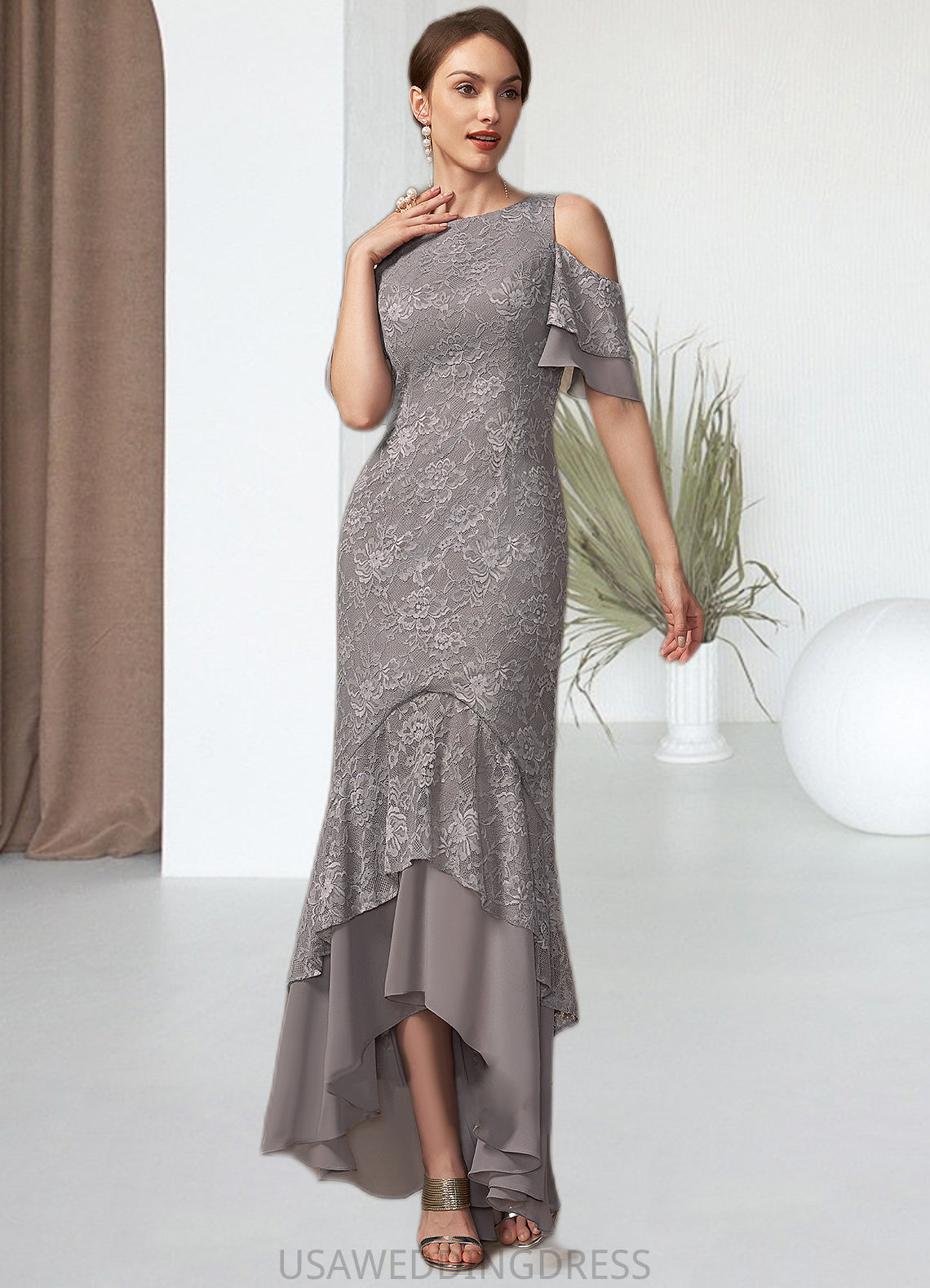 Lydia Trumpet/Mermaid Scoop Neck Asymmetrical Chiffon Lace Mother of the Bride Dress With Cascading Ruffles DS126P0014734