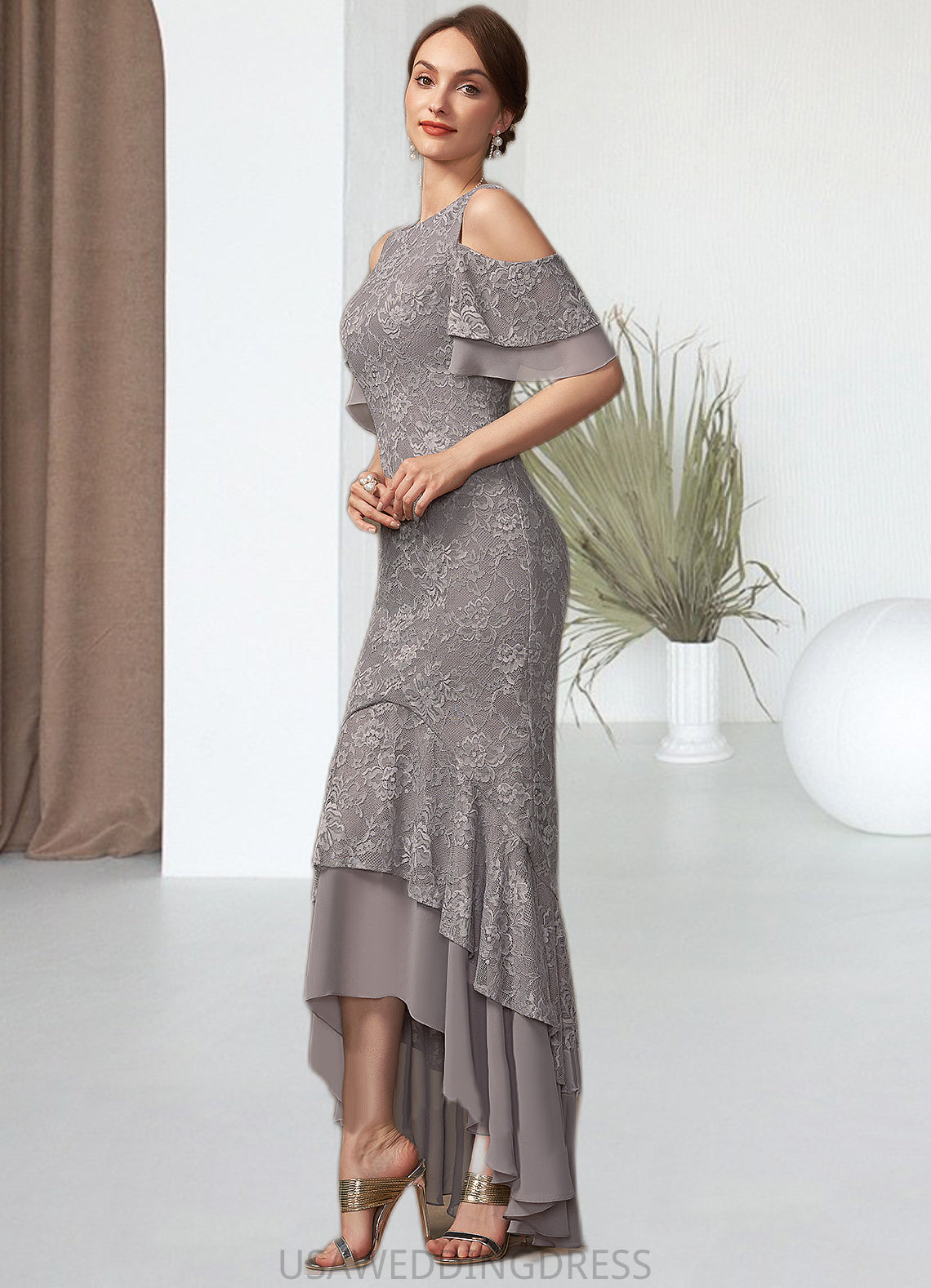 Lydia Trumpet/Mermaid Scoop Neck Asymmetrical Chiffon Lace Mother of the Bride Dress With Cascading Ruffles DS126P0014734